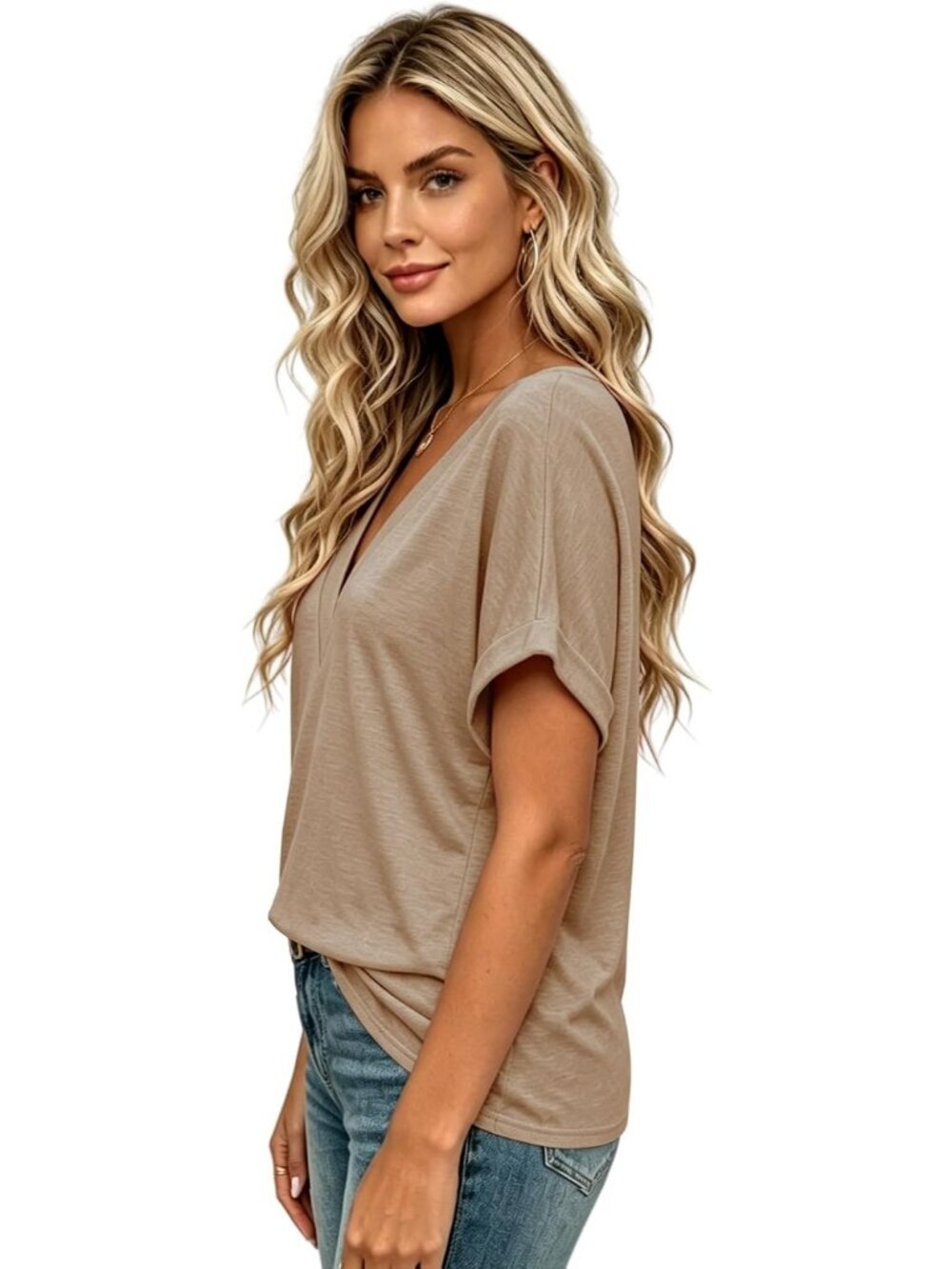 Women's Khaki Summer Short Sleeves V Neck Casual Beach Vacation Fashion Tops - Picture 3 of 6